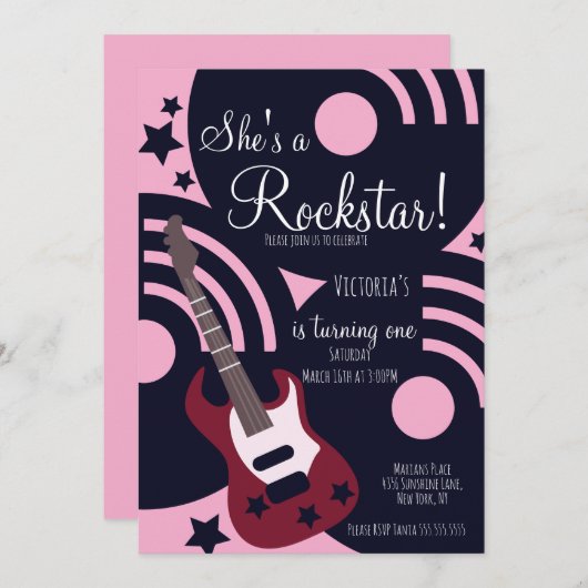 Girls Rockstar Guitar Star Rock Birthday Party Einladung (Vorne/Hinten)