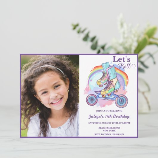 Girls Roller Skaten Foto Geburtstag Einladung (Stehend Vorderseite)
