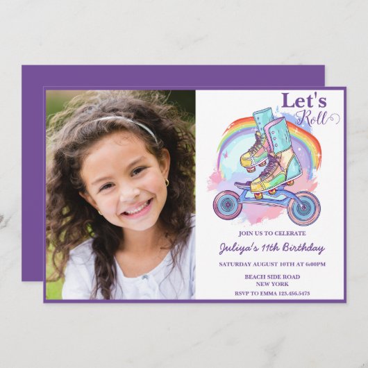 Girls Roller Skaten Foto Geburtstag Einladung (Vorne/Hinten)