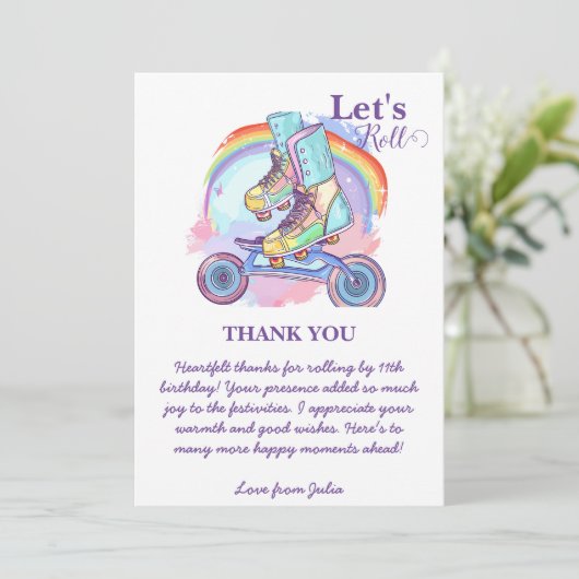 Girls Roller Skaten lila Geburtstag Dankeskarte (Stehend Vorderseite)
