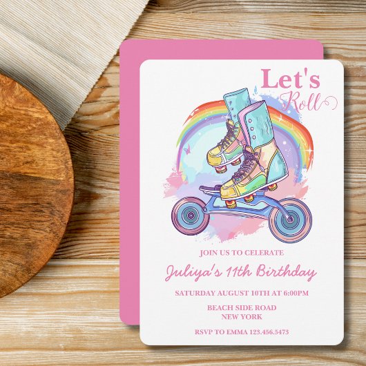 Girls Roller Skaten pink Geburtstagsparty Einladung