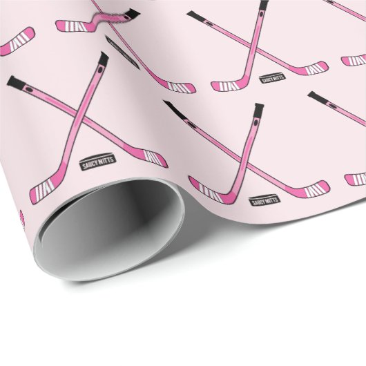 Girls rosa Crossed Hockey Sticks und Puck Geschenkpapier (Rolleneckpunkt)