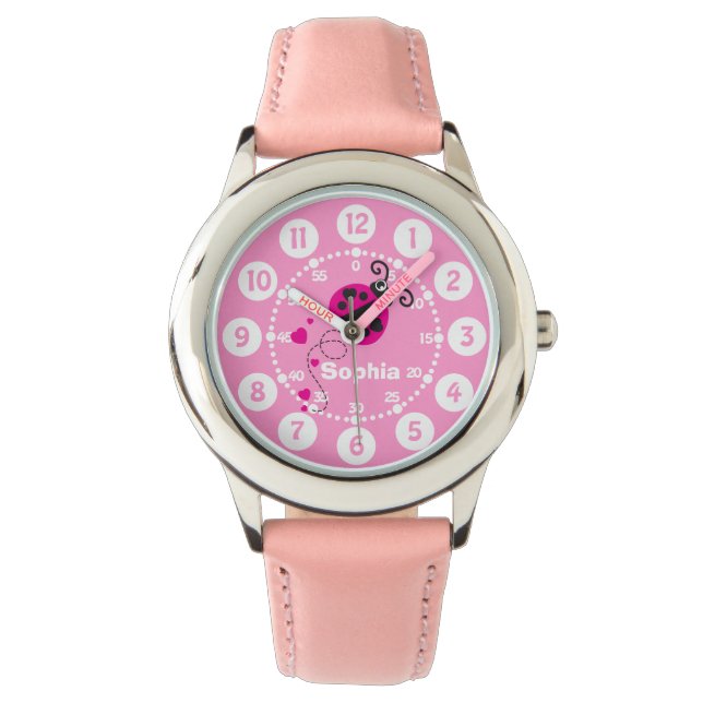 Girls rosa Ladybug Herz-weiße Armbanduhr (Vorderseite)