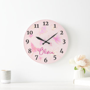 Girls Rosa Schmetterling Kinder Kinderzimmer Runde Große Wanduhr