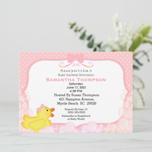 Girls Rubber Ducky Baby Shower Einladungen (Stehend Vorderseite)