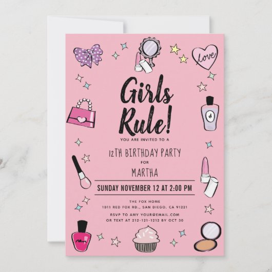 Girls Rule Makeup Wellness-Center Slumber Rosa Geb Einladung (Vorderseite)