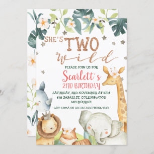 Girl's Safari Sie ist zwei wilde Geburtstage Einladung