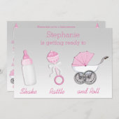 Girls Shake Rattle Roll Silver Pink Baby Dusche Einladung (Vorne/Hinten)