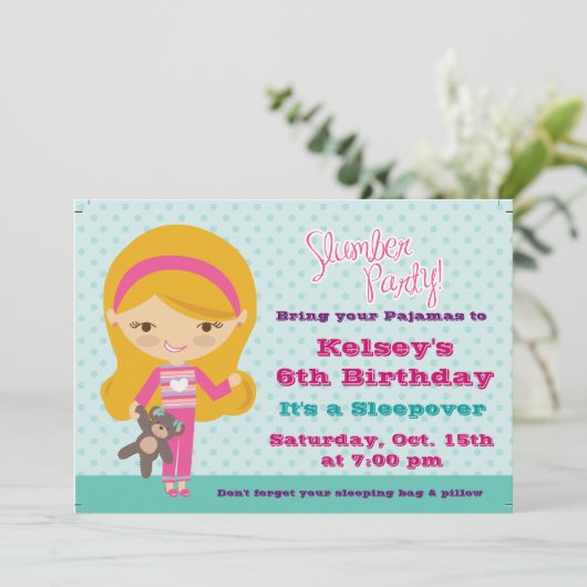 Girls Sleepover Pajama Slumber Party Einladung (Stehend Vorderseite)