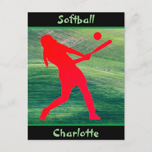 Girls Softball Batter Up on Green Postkarte (Vorderseite)