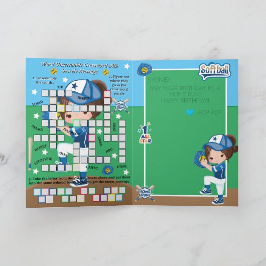 Girls Softball Secret Message Happy Birthday Karte (Innenseite)