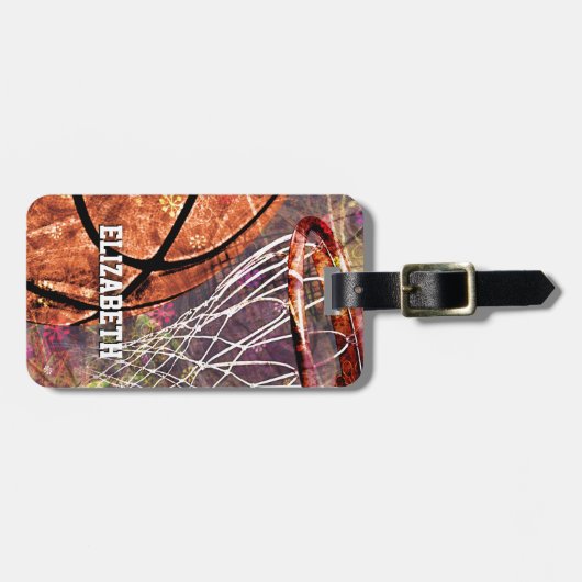 Girls Sports Basketball lila rosa ihren Namen Gepäckanhänger (Vorderseite horizontal)