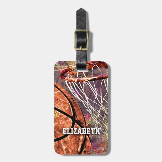 Girls Sports Basketball lila rosa ihren Namen Gepäckanhänger (Vorderseite vertikal)