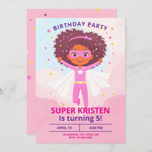 Girl's Super Hero Birthday Invites - Editierbar Einladung (Vorne/Hinten)