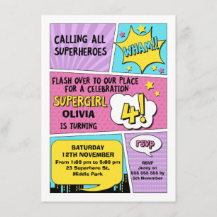 Girls Superhero 4. Geburtstag Einladung