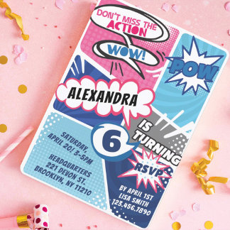 Girl's Superhero Comic Buch Geburtstagseinladung Einladung