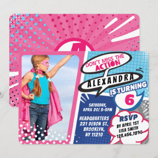 Girl's Superhero Comic Foto Geburtstagseinladung Einladung