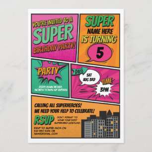 Girl's Superhero Einladung Party Pink Comic