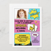 Girls Superhero Foto 4. Geburtstag Einladung (Vorne/Hinten)