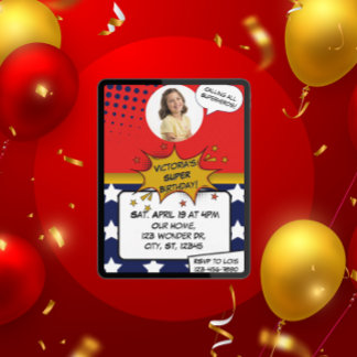 Girls Superhero Red, Blue, Gold & Stars Birthday Einladung