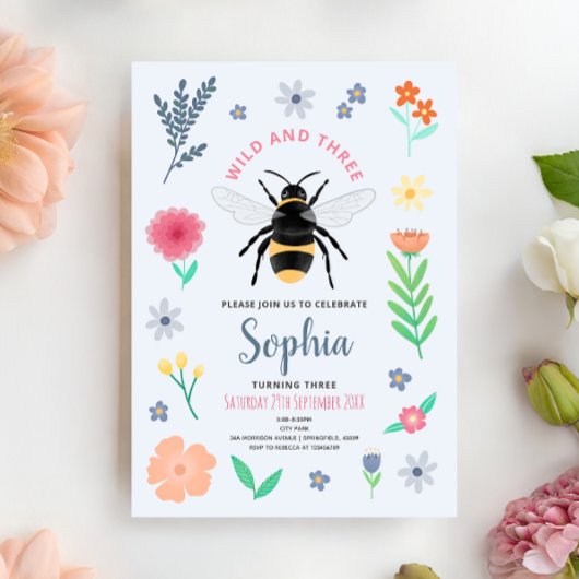 Girls Sweet Bee Wildflower Wild and Three Birthday Einladung