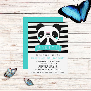 Girl's Teal and Black Cute Panda Birthday Party Einladung