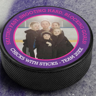 Girls Team Foto und Slogan lila pink Eishockey Puck