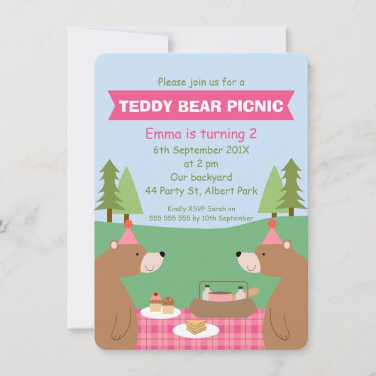 Girls Teddy Bear Picnic Banner Einladung zum Gebur (Vorderseite)
