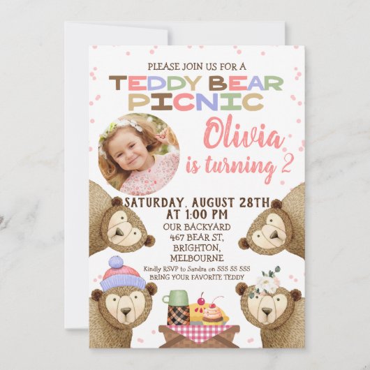 Girls Teddy Bear Picnic Foto Einladung zum Geburts (Vorderseite)