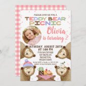 Girls Teddy Bear Picnic Foto Einladung zum Geburts (Vorne/Hinten)