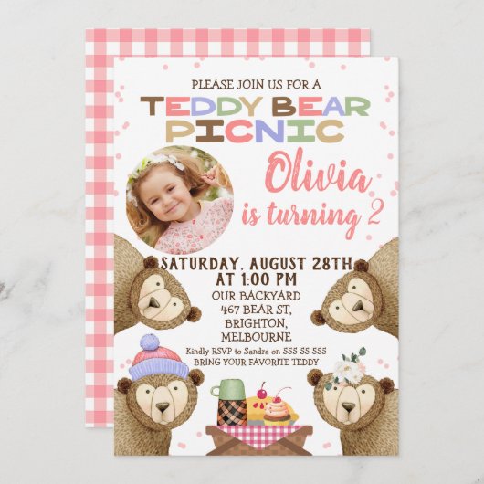 Girls Teddy Bear Picnic Foto Einladung zum Geburts (Vorne/Hinten)