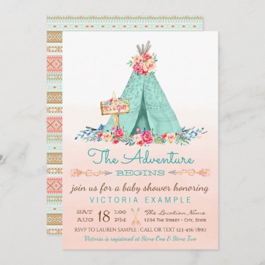 Girls TeePee Baby Shower Einladungen (Vorne/Hinten)