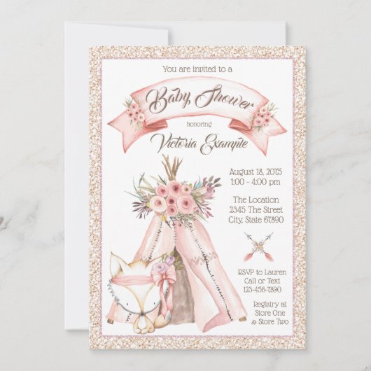 Girls TeePee Fox Tribal Baby Shower Einladungen (Vorderseite)