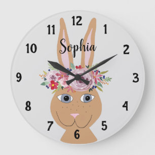 Girls Trendy Floral Watercolor Rabbit und Name Große Wanduhr