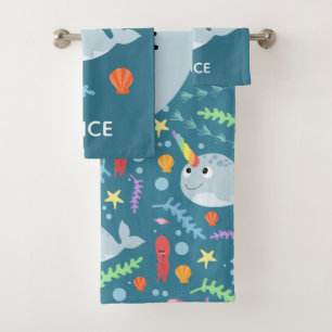 Girls Trendy und moderne Narwhal Pattern Name Kind Badhandtuch Set