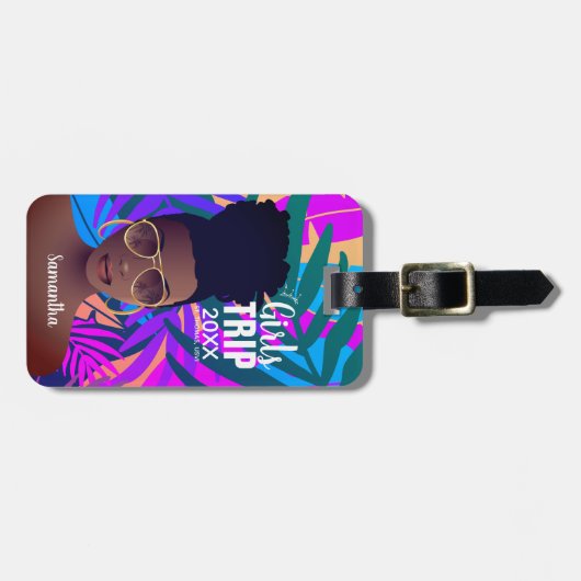 Girls Trip 20XX, tropisch farbenfroh, schwarze Fra Gepäckanhänger (Vorderseite horizontal)