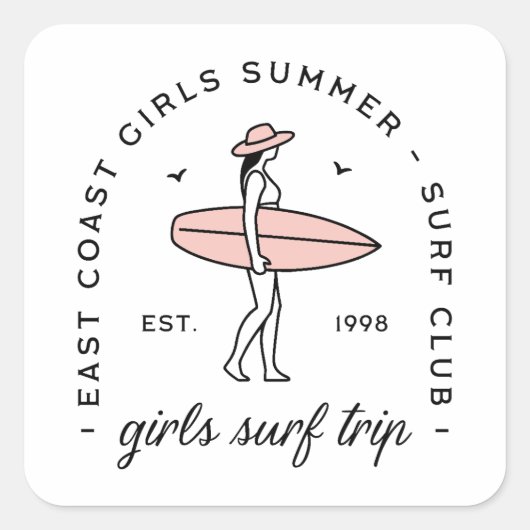 Girls trip surf club surfing besties summer surfer quadratischer aufkleber (Vorderseite)