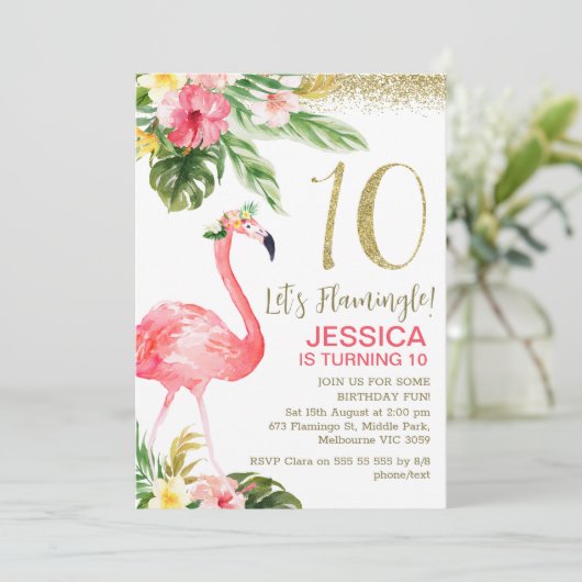 Girls Tropical Foral Let's Flamingle 10. Geburtsta Einladung (Stehend Vorderseite)