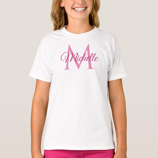 Girls Tshirts Monogram Name White and Pink Trendy (Vorderseite)
