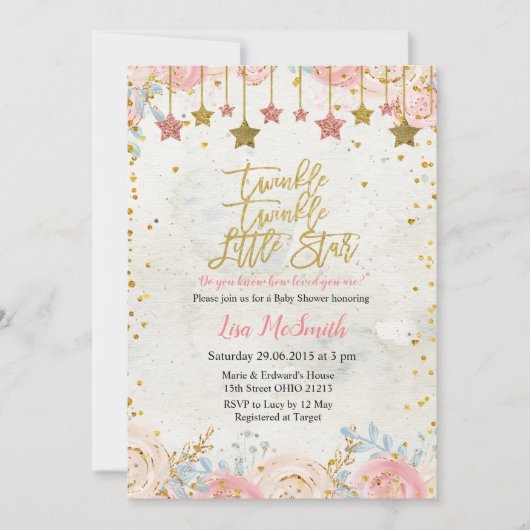 Girls Twinkle Little Star Baby Dusche Einladung (Vorderseite)