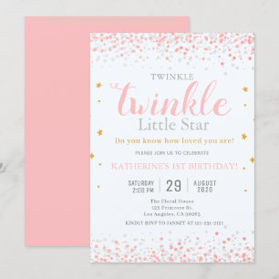 Girls Twinkle Little Star Pink & Gold 1. Geburtsta Einladung