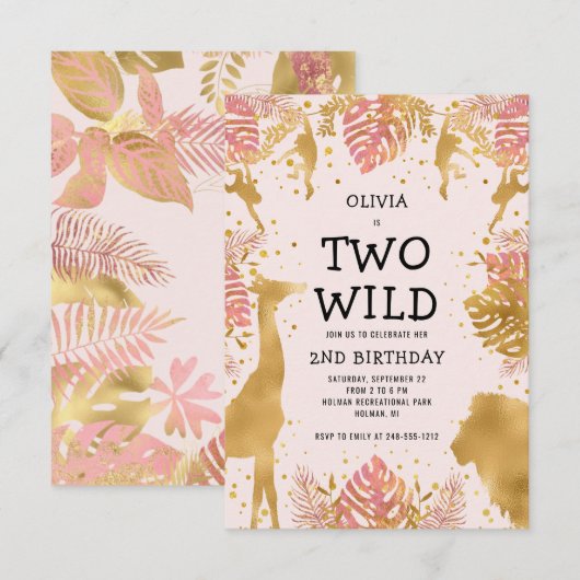 Girls Two Wild 2. Geburtstag Pink Jungle Safari Einladung (Vorne/Hinten)