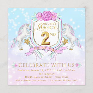 Girls Unicorn 2. Geburtstag Party Einladungen