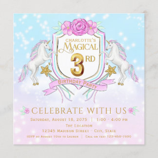 Girls Unicorn 3. Geburtstags-Party Einladung
