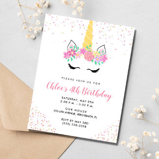 Girl's Unicorn 4. Geburtstag Party Einladung
