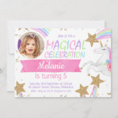 Girls Unicorn Foto Geburtstag Einladung (Vorderseite)