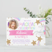 Girls Unicorn Foto Geburtstag Einladung (Stehend Vorderseite)