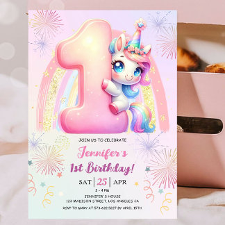Girls Unicorn Magischer Regenbogen 1. Geburtstag P Einladung
