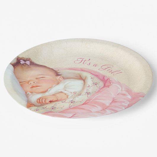 Girls Vintag Baby Shower Pappteller (Schrägansicht)