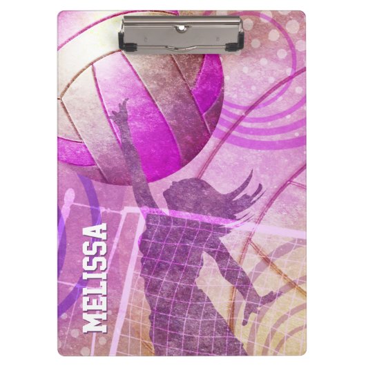 Girls Volleyball Spieler springt ins Netz Klemmbrett (Vorderseite)